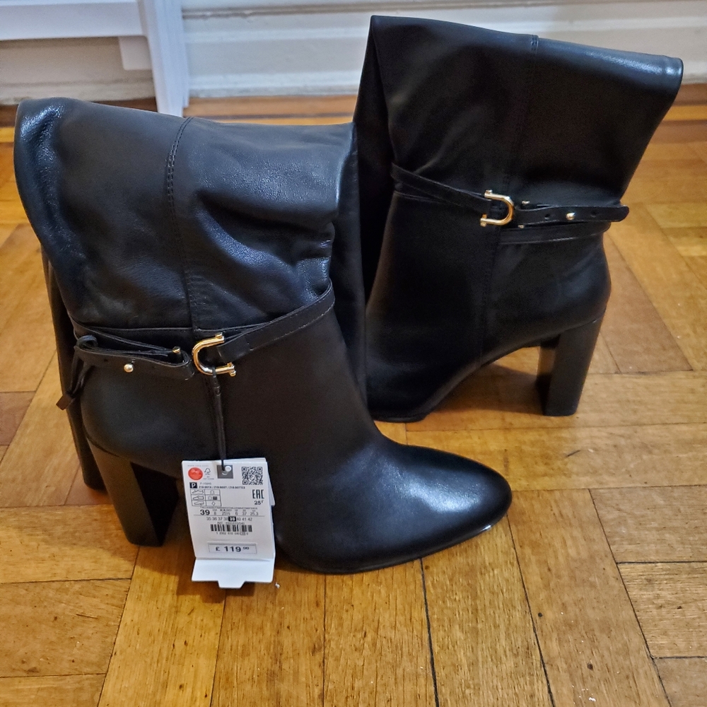 BRAND NEW. Zara Black Heel Real Leather. High Over the Knee Boots. Size 8.